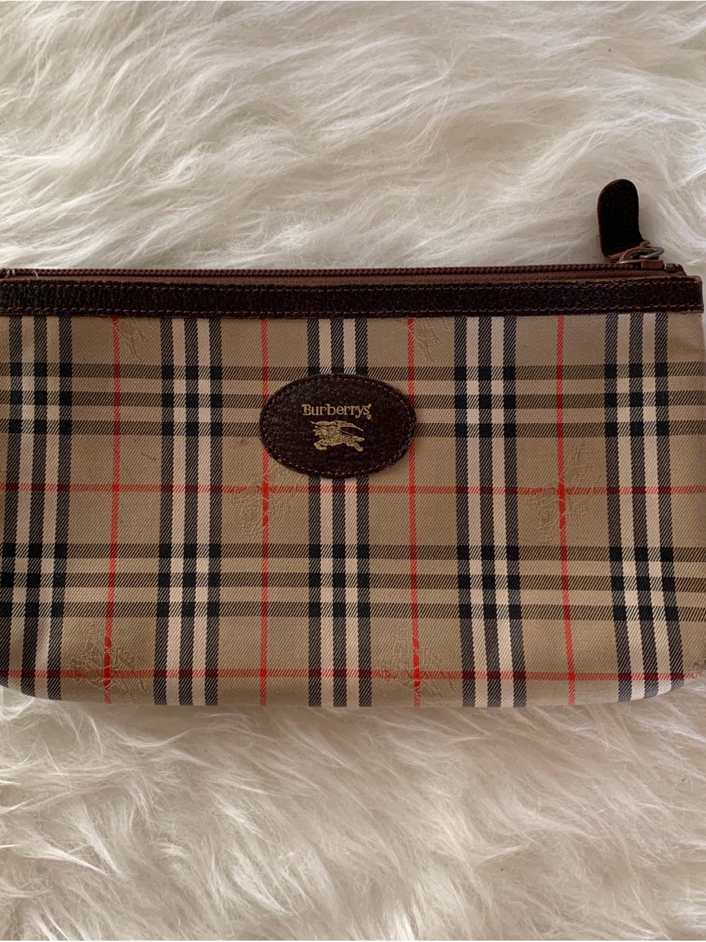 Burberry Tan Plaid Toiletry Pouch With Brown Trim